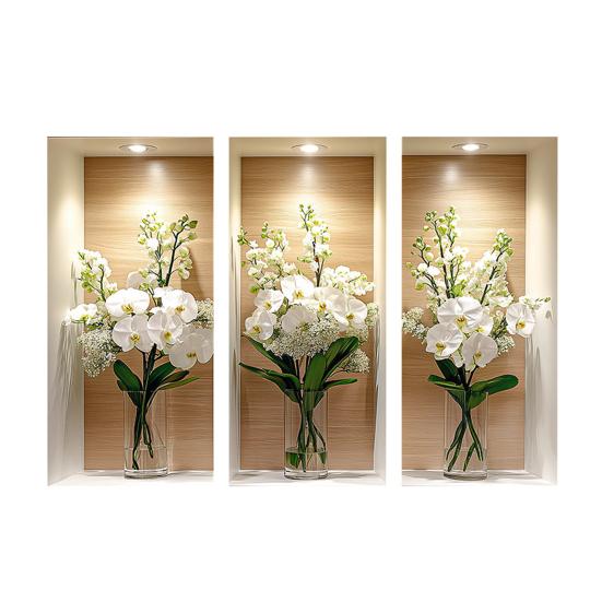 3Pcs 3D Flower Wall Stickers, Realistic Flowers Vase Wall Decals, Waterproof Self-Adhesive Potted Plants Stickers, Greenery Wall Stickers for Living H