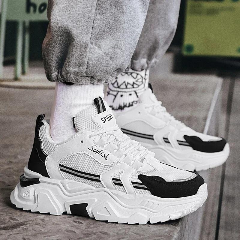 Pánské ležérní boty s tlustou podrážkou a síťovanými panely, letní prodyšné běžecké boty s měkkou podrážkou, outdoorové módní sportovní boty, pánské tenisky
