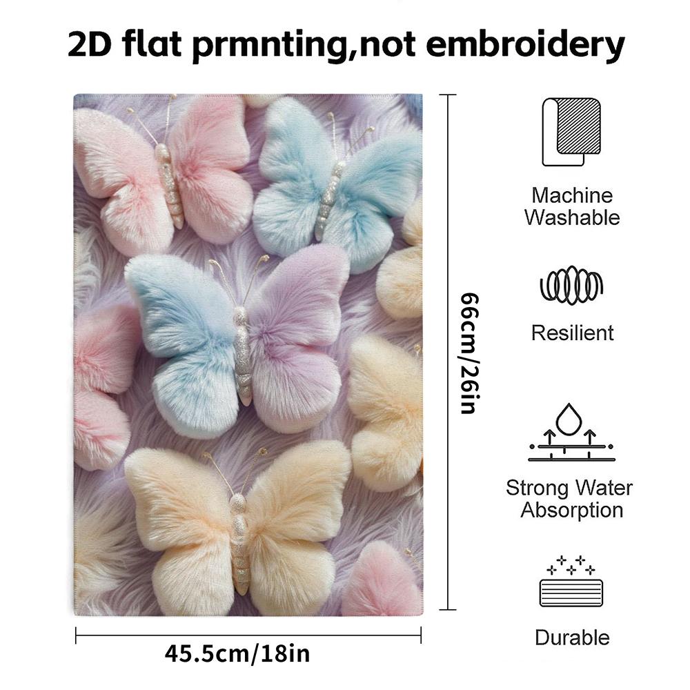 Fluffy Absorbent Shower Towel, Pastel Furry Butterfly Pattern, Sweet Decorative Face Towel