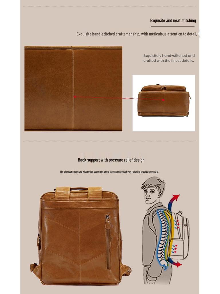 Men's Genuine Leather Multi-Pocket Travel Backpack: Large Capacity, Versatile, and Ideal for Casual Outdoor Adventures.