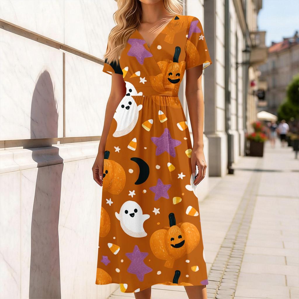 Women's V-Neck Short Sleeve Casual Dress with Halloween Print for Party and Daily Wear
