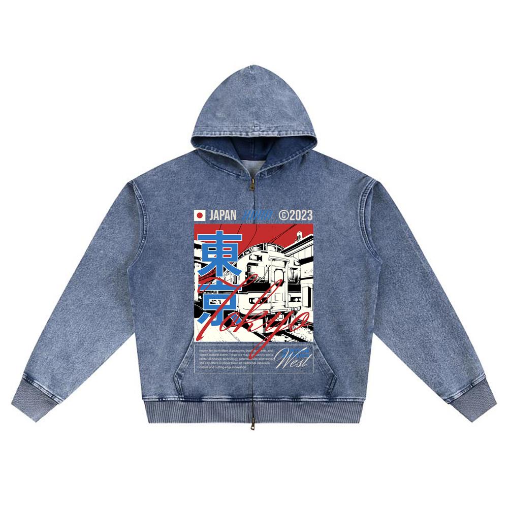 DTG print Knitted Denim Zip-Up Hoodie Tokyo Brother Print Zipper Hoodies  