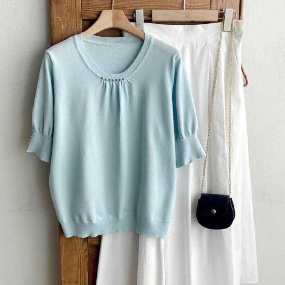 New ArrivalS Open Run Women S Round Neck baSic BuTTon Shirring 6 7 Sleeve KniT T