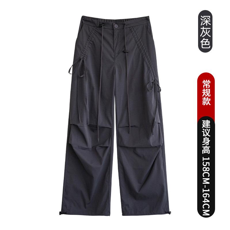 Bow overalls women's spring new paratrooper pants high waist wide legs thin lace-up casual sports pants