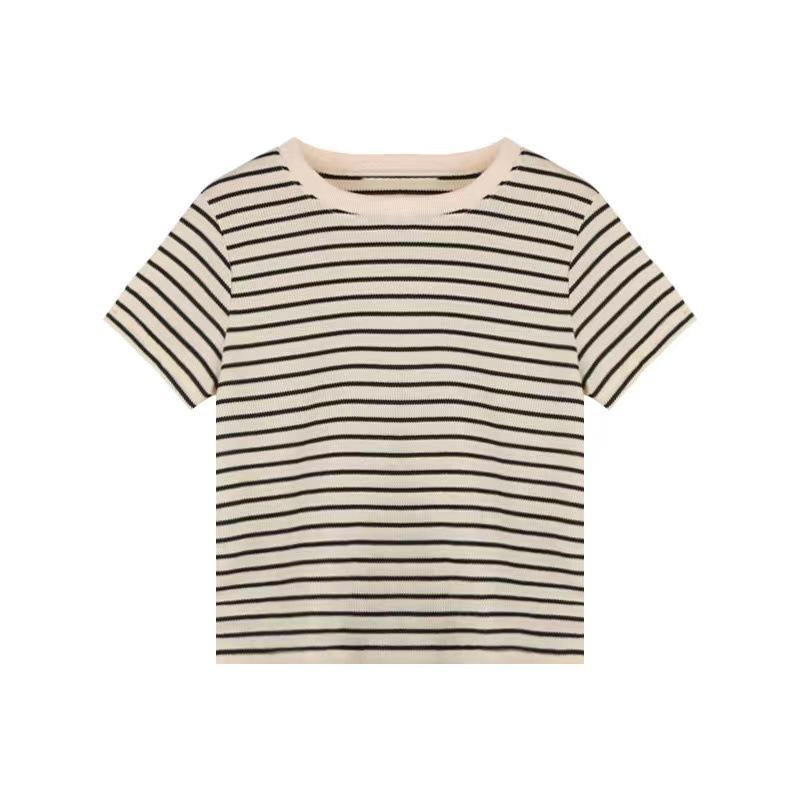 

2024 Women s Retro Striped Loose Short-Sleeve Round-Neck T-Shirt - Casual Summer Trend L слоновая кость