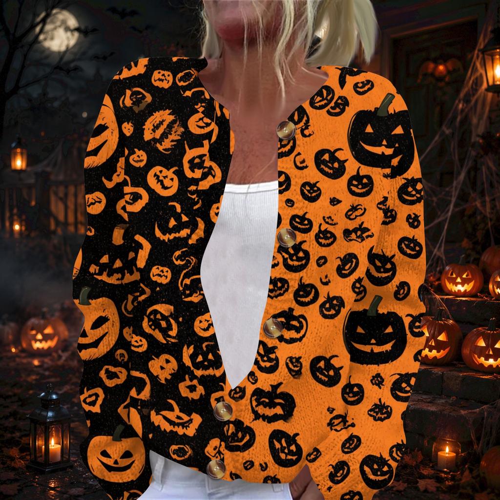 Women's Long Sleeve Knit Cardigan with Halloween Print Button Front Sweater for Fall Party Outfits