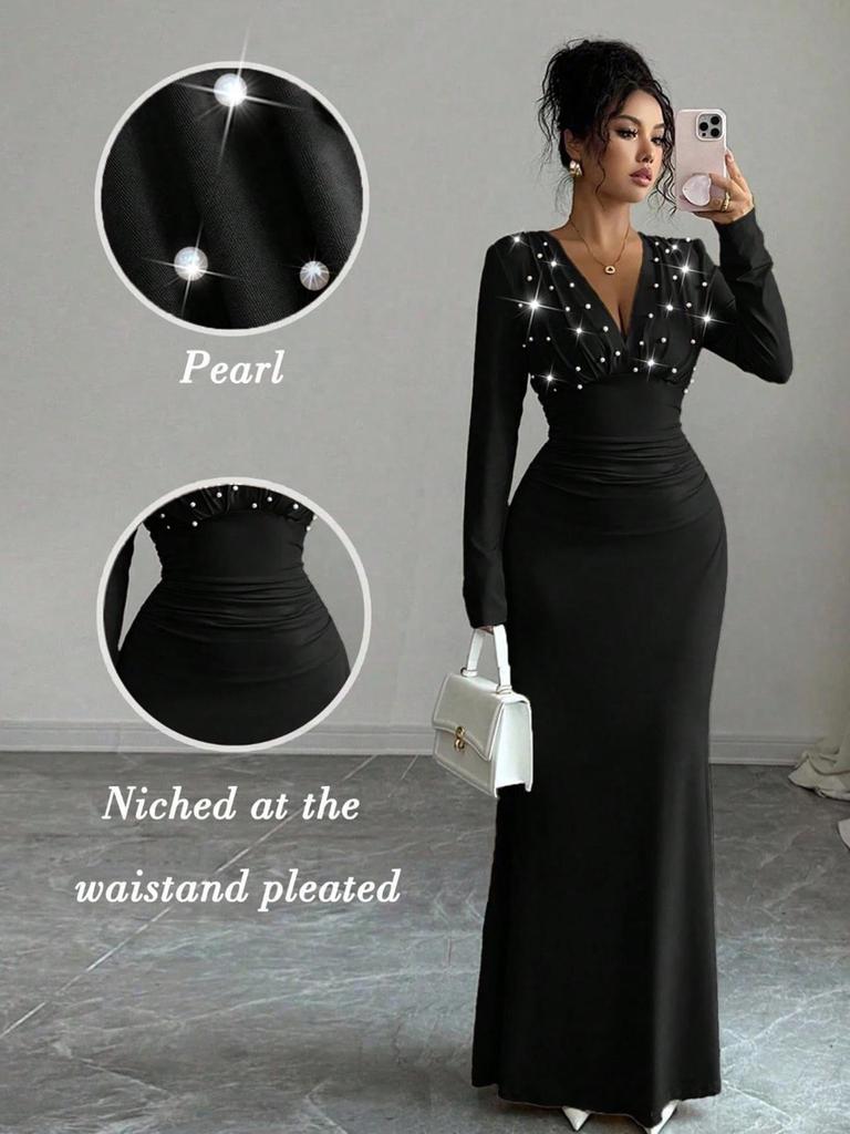 Elegant Plus Size Pearl-Decorated Waist-Cinching Evening Dress for Women