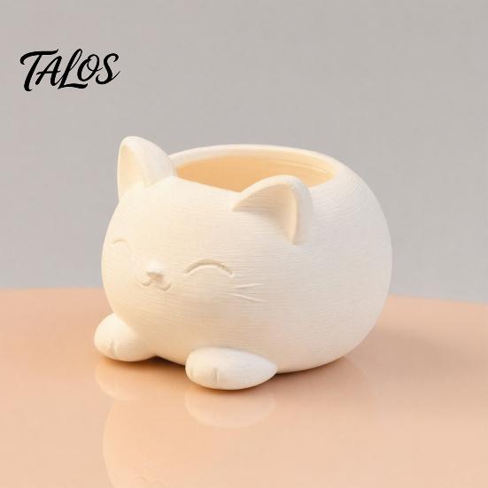 Milky White Cat Decor 3D Printed Ornament, Flower And Makeup Brush Holder, Design, Cute Planter Stable Base Decorative Plant Pot, for Office Desk Home