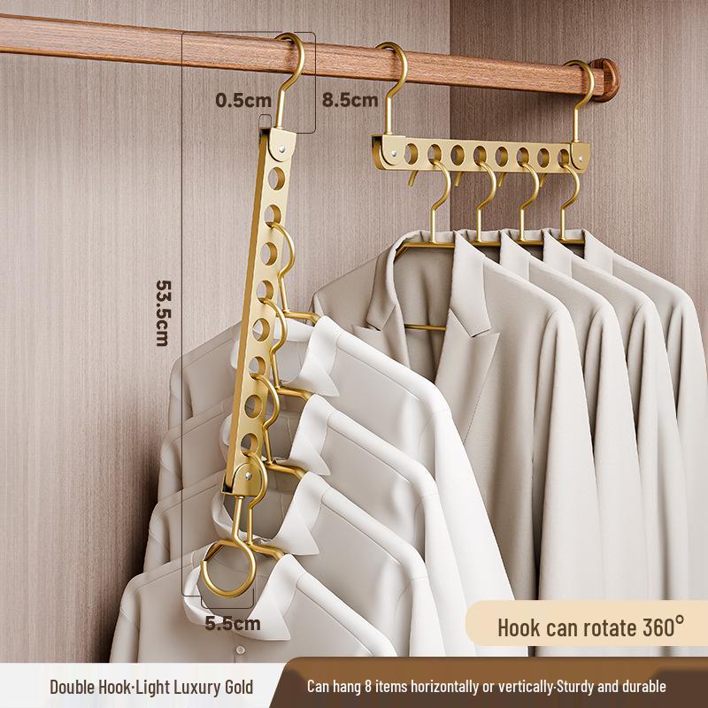 Aluminum Alloy Folding Eight-Hole Hanger with Single Hook for Versatile Wardrobe and Laundry Storage