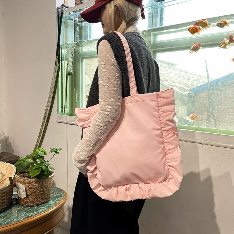 Vintage Women Tote Bags French Style Ruffles Elegant Sac A Main Femme Large Capacity Light Thin Shoulder Bolso Mujer Handbags