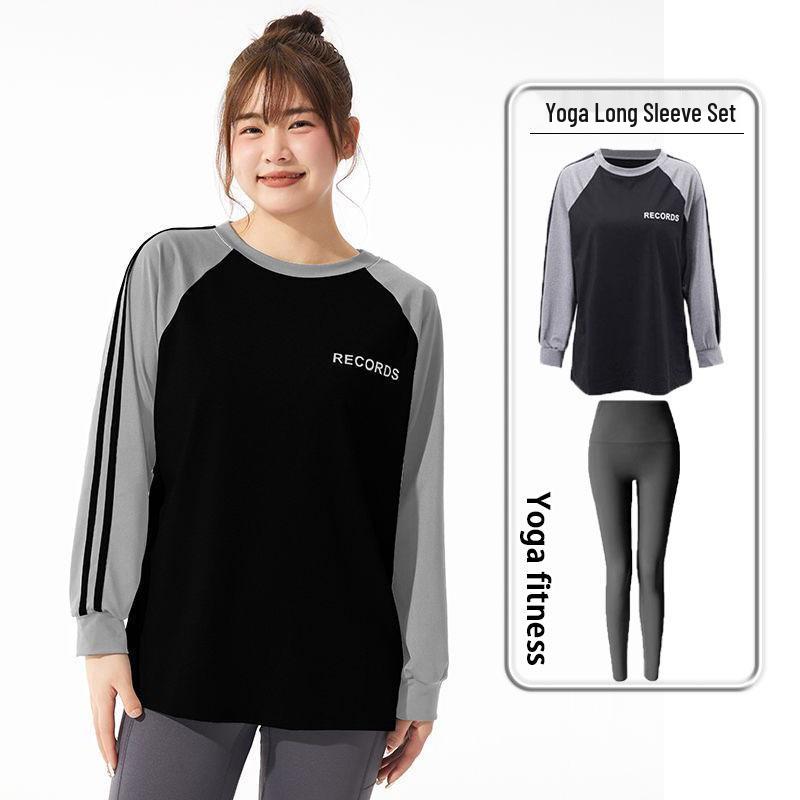 Plus Size Yoga Set: Loose Fit Color Block Long Sleeve, Hip-Covering Quick Dry for Running & Tennis.