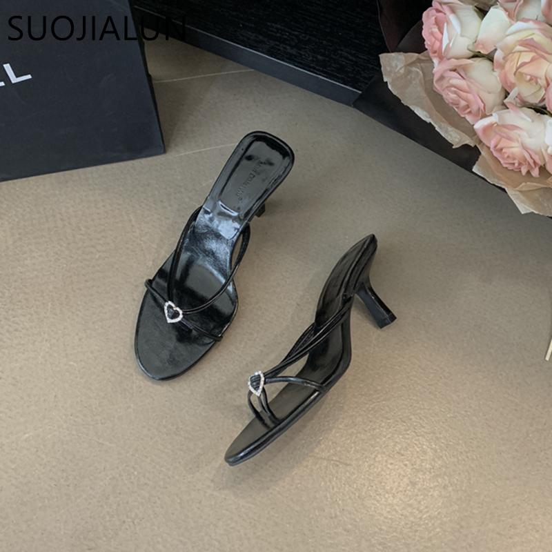 Mode SUOJIALUN 2025 Sommer Neu Damen Slipper Mode Schmaler Riemen Damen Elegant Sandalen Schuhe Dünner Hoher Absatz Kleid Slipper Flip Flop
