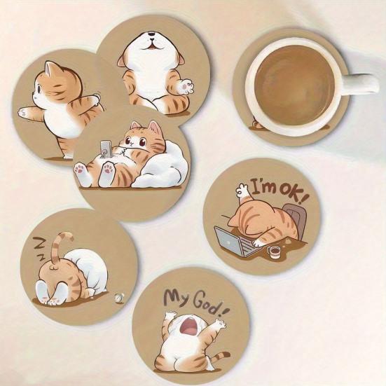 Unique Cat Themed Gifts Wooden Coasters, Decorative Heat Resistant Table Mats, Non-slip Cup Protective Mats for Furniture Insulation Coasters