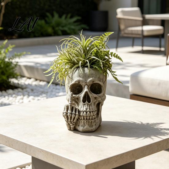 Small Plant Holder Skull Planter with Succulent Pot Resin Middle‑Finger Gesture Gothic Skeleton Head Retro Sculpture Flower Unique Desktop