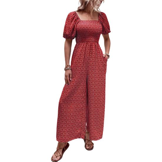 Women's Square Neck Jumpsuit Floral Puff Short Sleeve Wide Leg Pants Romper Summer Casual