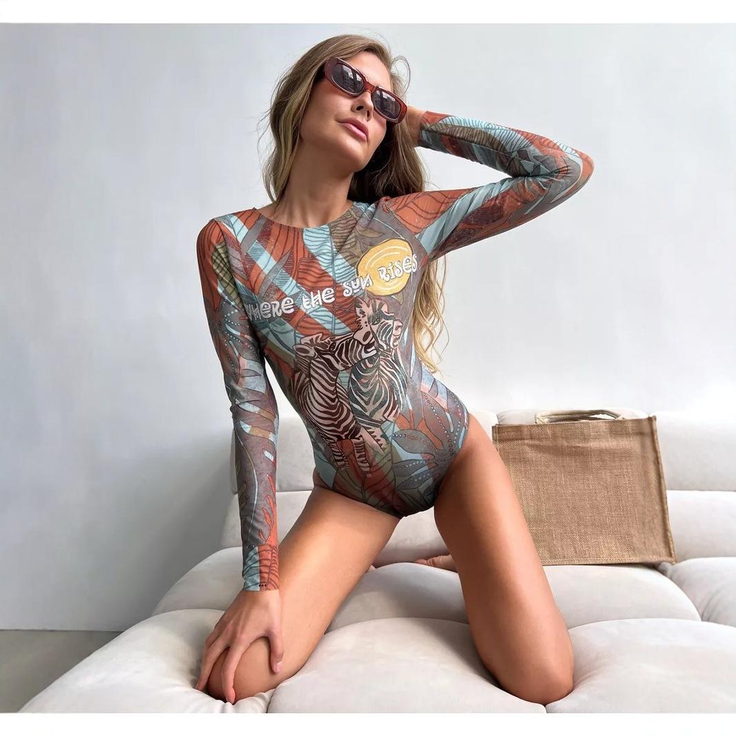 

Жіночий монокіні з довгим рукавом та принтом, суцільний купальник, купальник-рашгард для плавання із захистом від УФ XXL жовтий