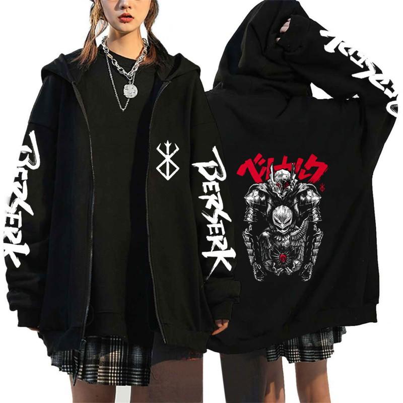 Womens Berserk Anime Print Zip-Up Hoodie Casual Loose Sweatshirt
