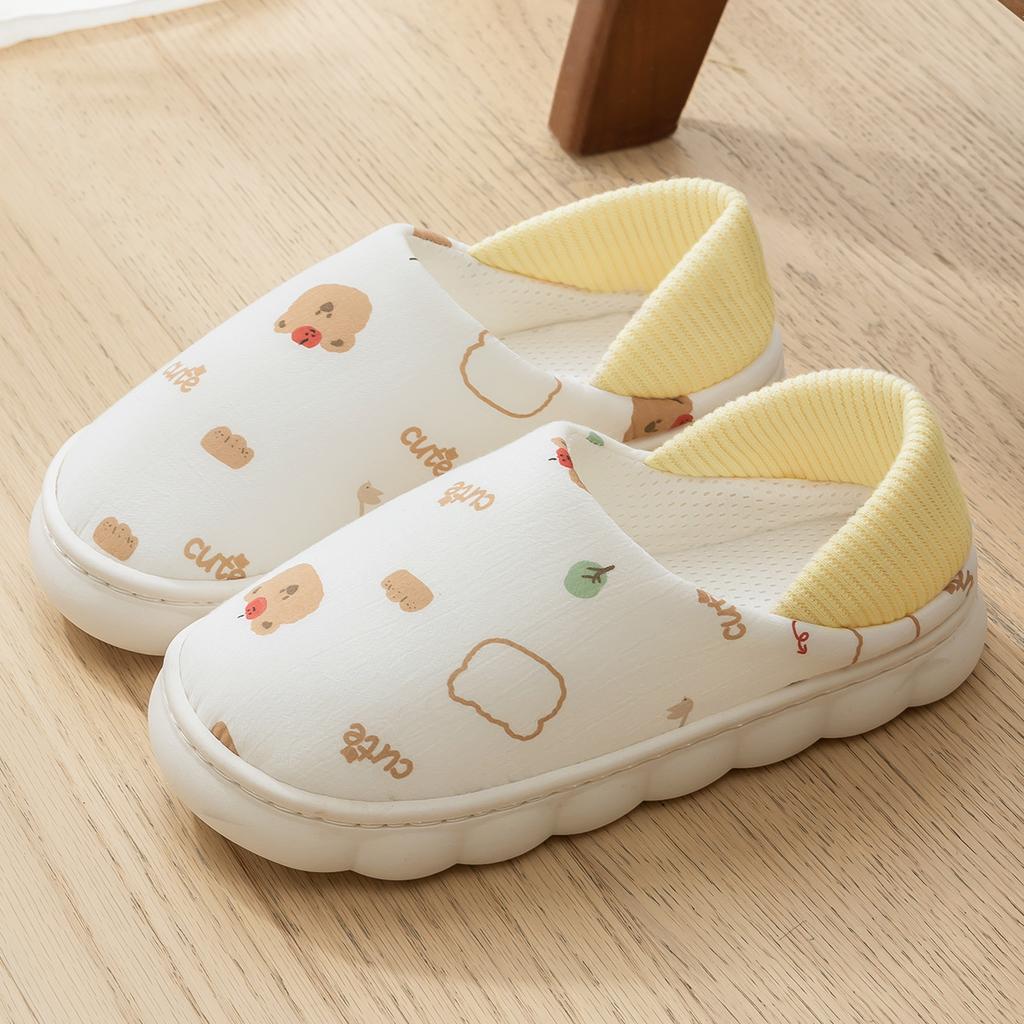 Women Cotton Slippers Plush Warm Flat Slides Breathable Non-slip Slippers