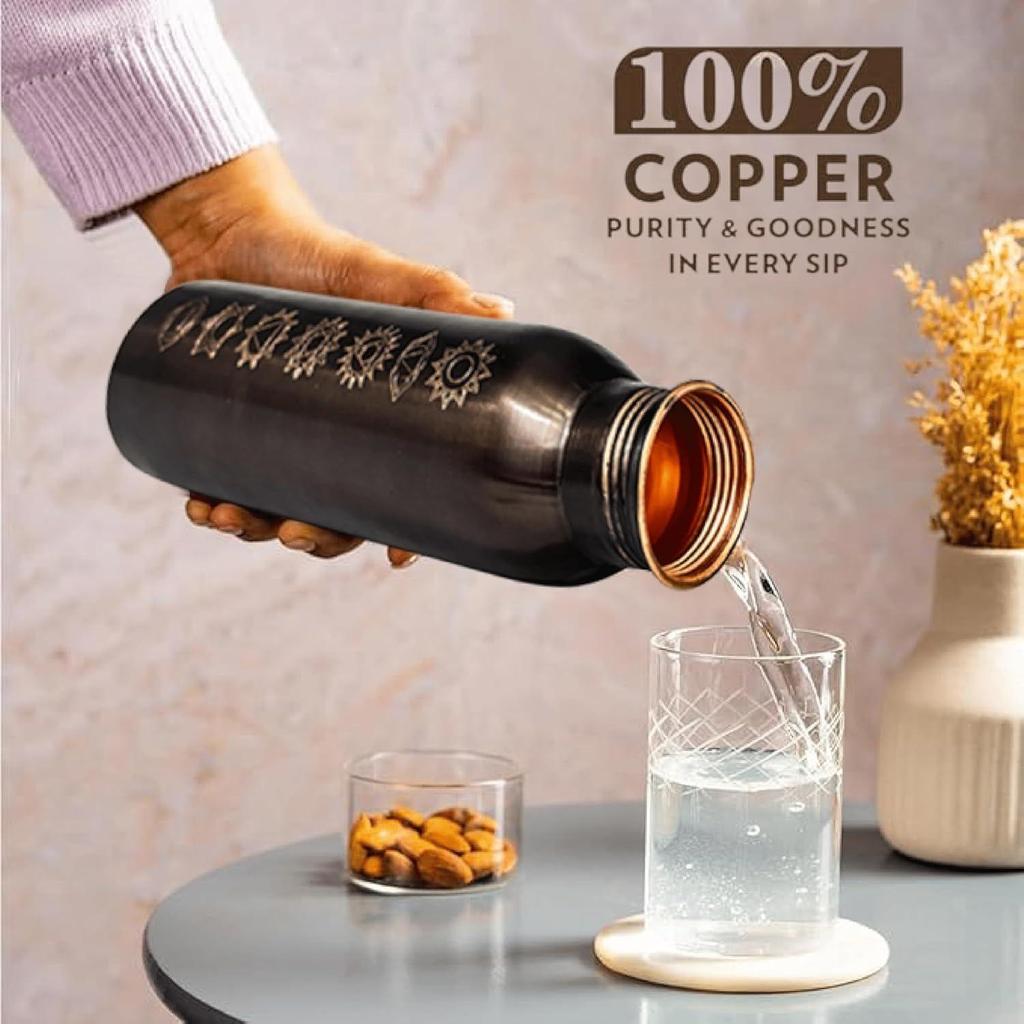 Copper Water Bottle 1 Ltr | Copper Water Bottle with Glass Set | Meena Work | 100% Pure | Leak-Proof | 2 Water Glass 300ml Each |