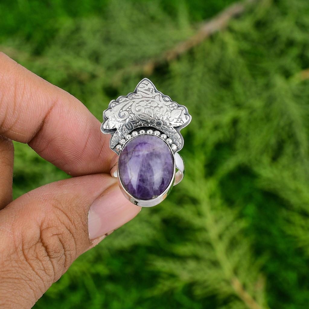 Oval Chevron Amethyst Stone Bezel Promise Crown Chakra Wife Ring Sterling Silver