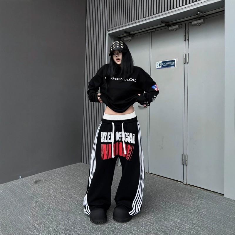 Womens Loose Wide Leg Sweatpants Distressed Double Waistband Striped Jazz Pants Casual Street Style Trousers