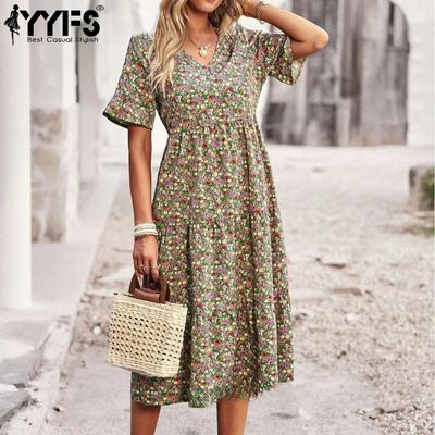 Damenmode Sommer Frühling Blumenmuster Druck Kurzarm V-Ausschnitt Hohe Taille Freizeitkleider