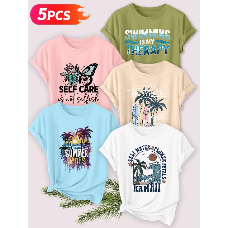 Five-piece Set Elegant Short-sleeved Shirt for Women Coconut Trees and Waves by the Sea SELF CARE English Resort-style Printed Round-neck Women's