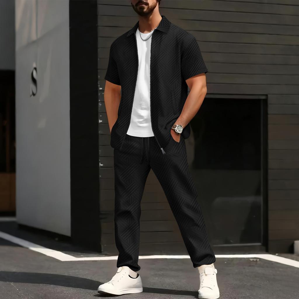 Men's Geometric Print Short Sleeve Jacket and Pants Set with White T-Shirt, Casual Streetwear Outfit