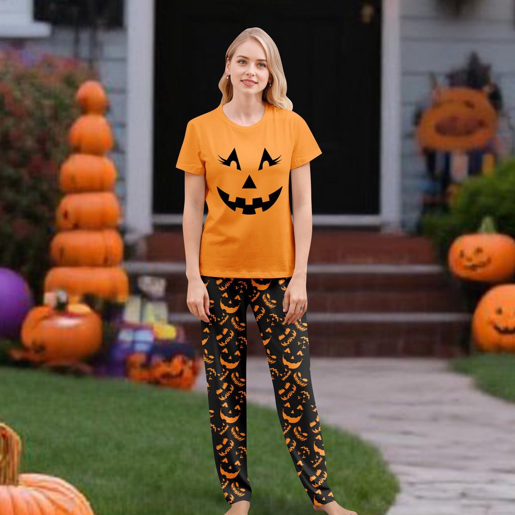 Print Cute Family Set Pajamas, Home Clothes, Family Set Short Sleeve Top Pants Set