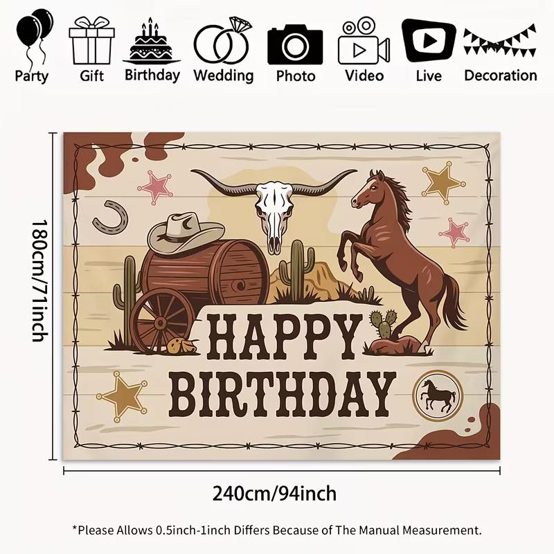 2D Western Happy Birthday Photography Backdrop, Cowboy Horse & Cactus Decor