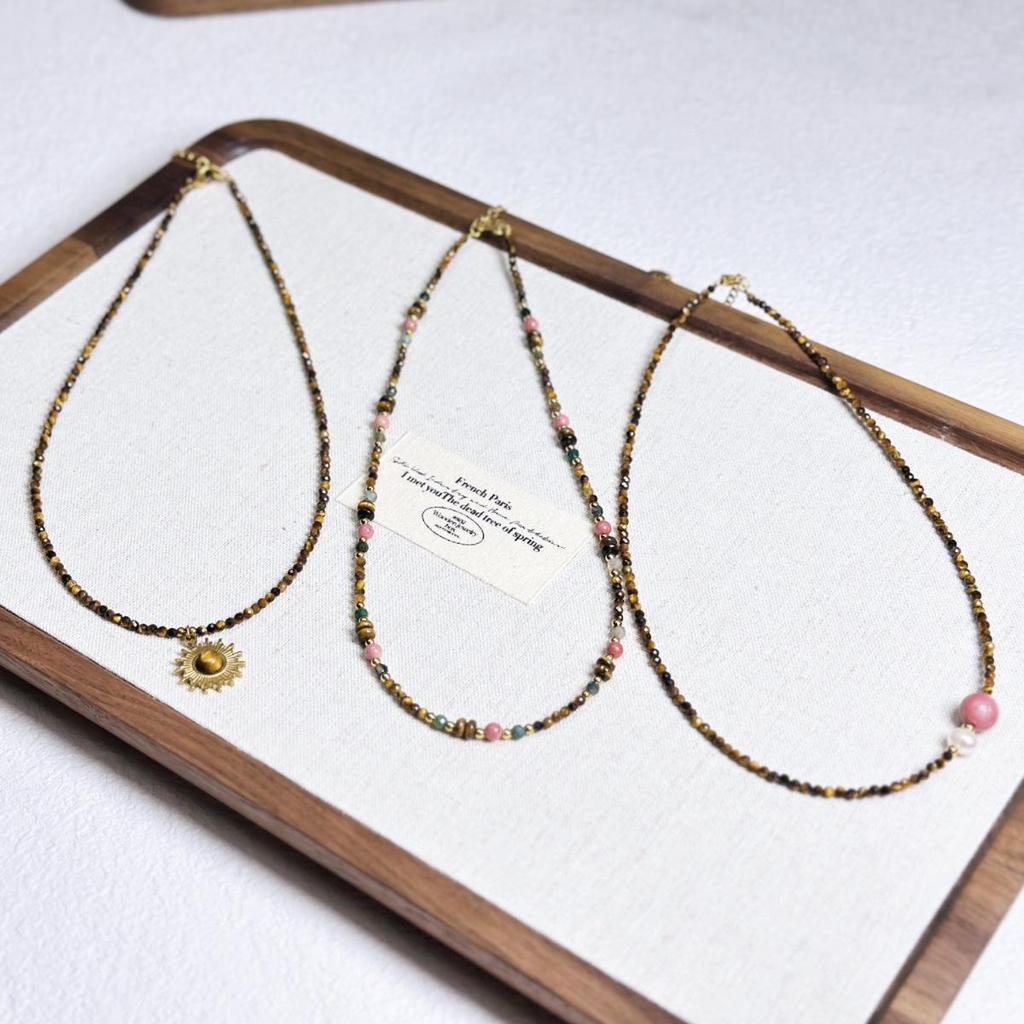 Maillard Style Natural Stone & Pearl Beaded Necklace - Tiger Eye & Pink Rose Choker