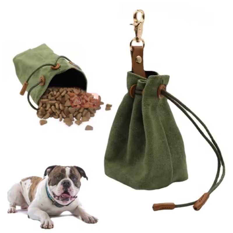 In Stock Canvas Dog Food Bag with Keychain & Drawstring, Waist Hanging Pet Treat Bag for Outdoor Use