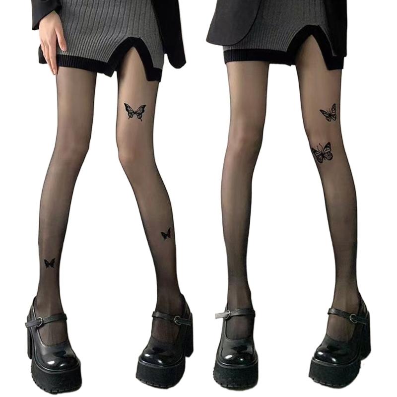 Collant Calze Velate Stampate con Farfalle Vintage Estetiche per Donna Sexy Sottili Trasparenti Collant Leggings in Seta