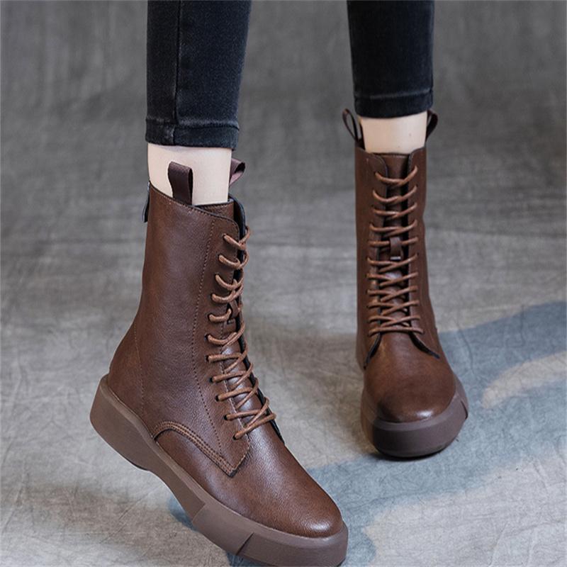 Large Women's British Style 2024 Autumn and Winter New Flat Bottom Retro Medium Sleeve Women's Single Boot Lace Up Back Zipper