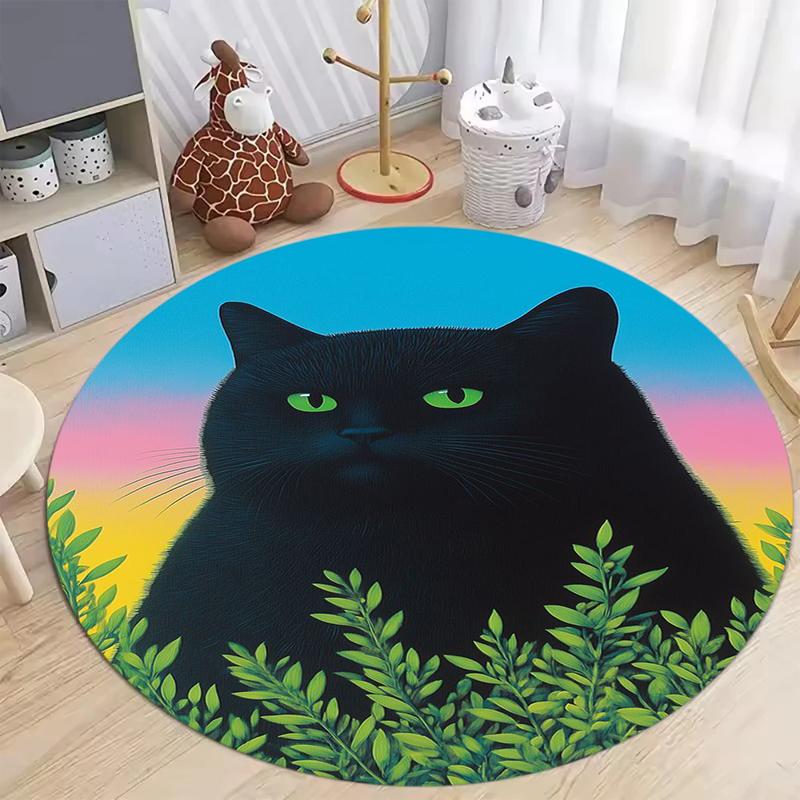 

Black Cat Round Area Rug Cute Cartoon Kitten Print Non-Slip Floor Mat for Living Room Bedroom Carpet for Kids Room Playroom 60cmx60cm