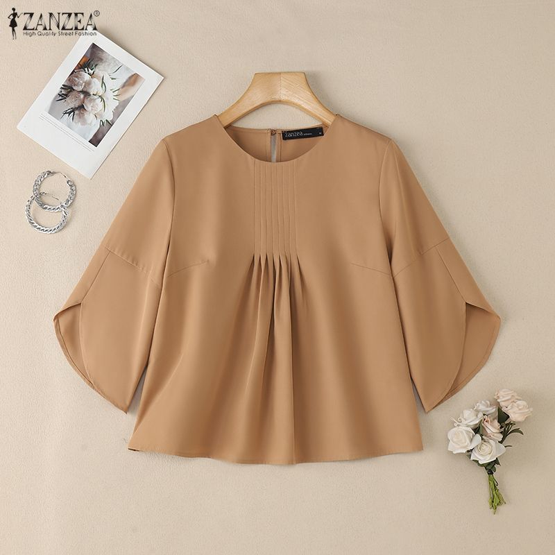 ZANZEA Women Casual Round Neck 3/4 Sleeve Loose Blouse