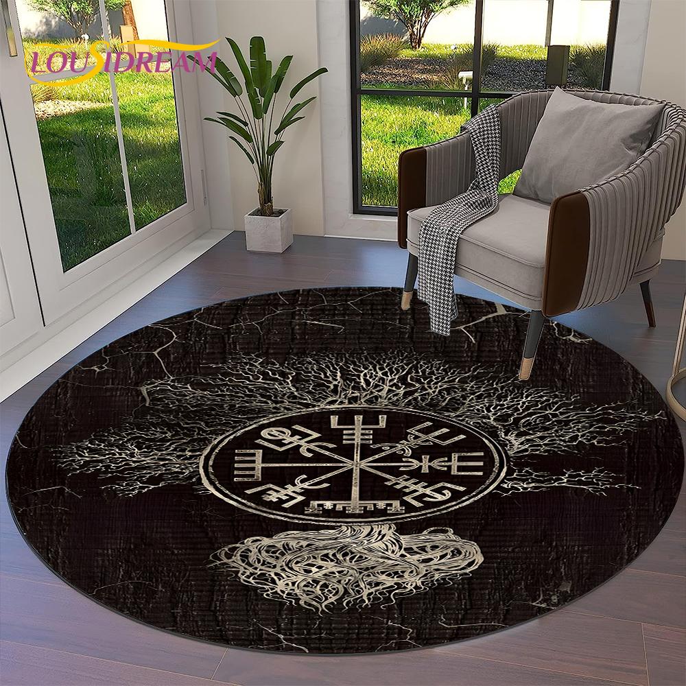 Tree of Life Viking Yggdrasil Valknut Round Carpet Rug for Living Room Bedroom Sofa Decor,Kid Paly Area Rug Non-slip Floor Mat