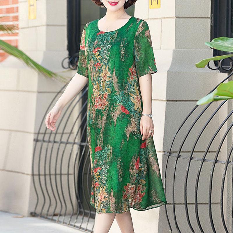 Fashion Irregular Midi Dress Vintage Floral Printed Women's Clothing O-Neck Elegant A-Line Summer Spliced Short Sleeve Dresses