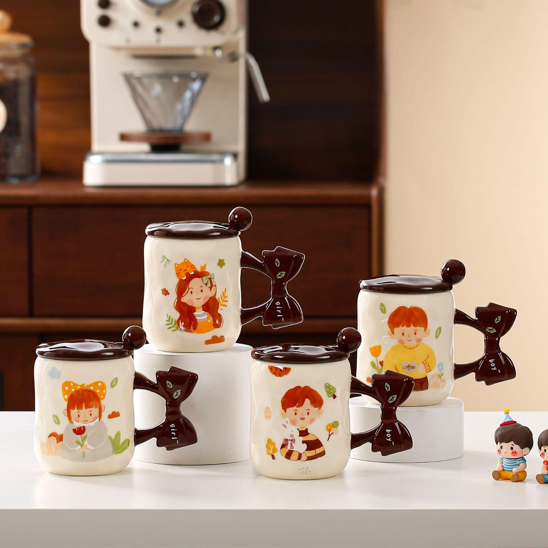 

Ручка-бабочка с крышкой-ложкой, керамическая чашка с изображением персонажа из мультфильма, милый сувенир, набор чашек для воды, термостойкая чашка для воды для девочек 450ML