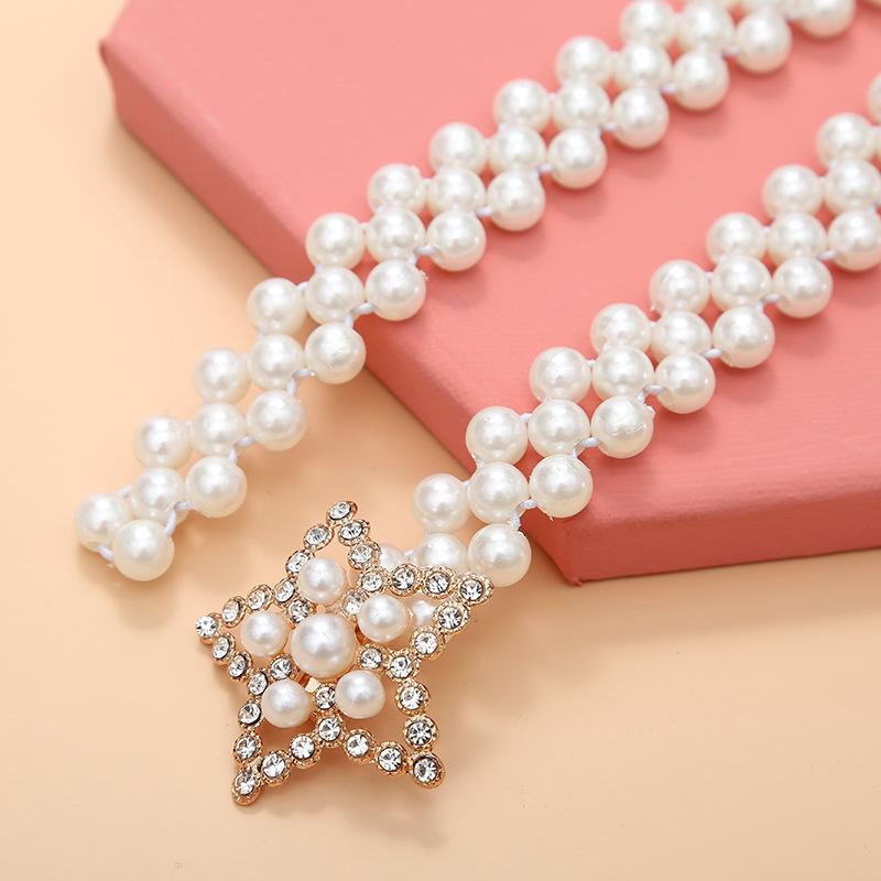 Mei Women's Pearl Waist Chain - Perfect for Dresses, Summer Casual Style, Rhinestone Embellished, Elastic Waistband