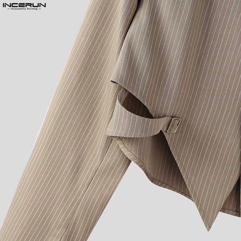 INCERUN Oversized Men Long Sleeve Striped Cutout Irregular Cropped Coats Blazer