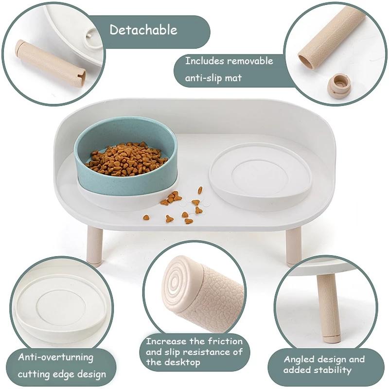 Double Cat Safety Bowl, with Wooden Stand and Silicone Mat, Kitten, Puppy Food, Water Supply, Raised Dish, Dog Supplies, Anti-spill