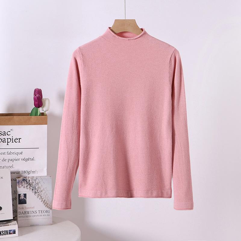 Women's Solid Color Half-High Neck Wool Knit Sweater - Autumn/Winter Short Thick Pullover Base Layer Knitwear