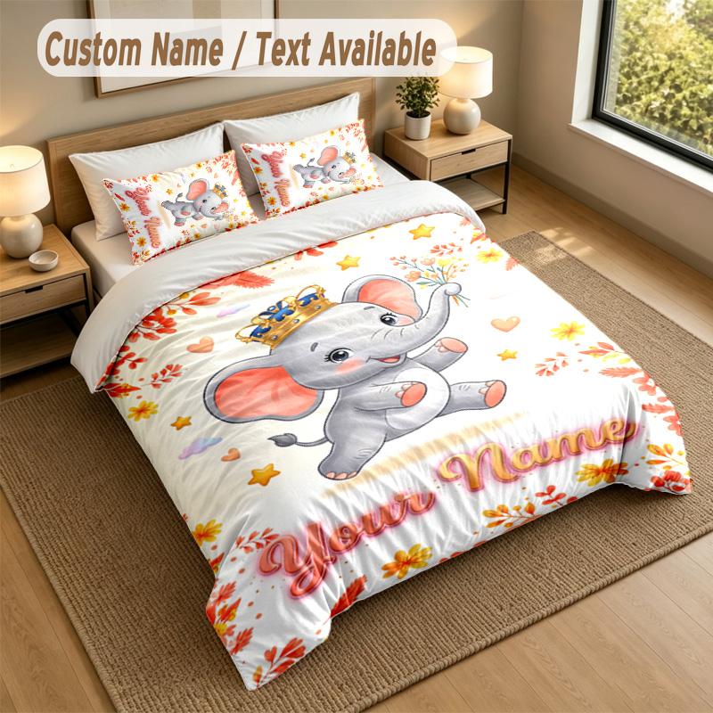 Elephant Theme Personalized 3Pcs Bedding Set Custom Text & Name 1 Sheet 2 Pillowcases Household Bedding 1pc