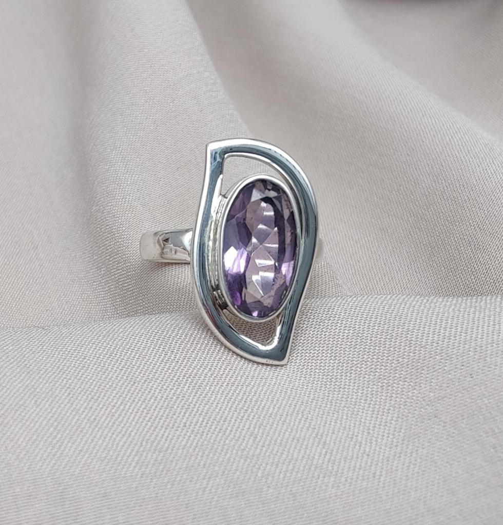 Amethyst Sterling Silver Ring: Modern Abstract Design, February Birthstone