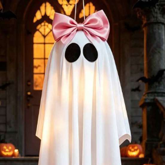 Sweet Cool Style Ghost Pendant Pink Bow Halloween Hanging Decoration, 31.5 Inch Cute Flying Creative Holiday Decor for Front Porch Yard Garden