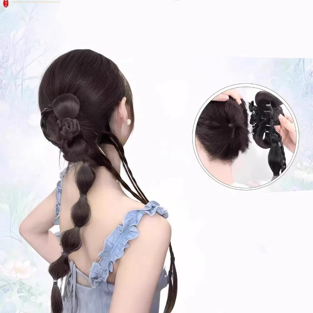 Synthetic Ponytail Bubble Braid Wig Hanfu Cheongsam Side-tie Ball Head Clip-on Twisted Braids Extension Simulated Flower Bud