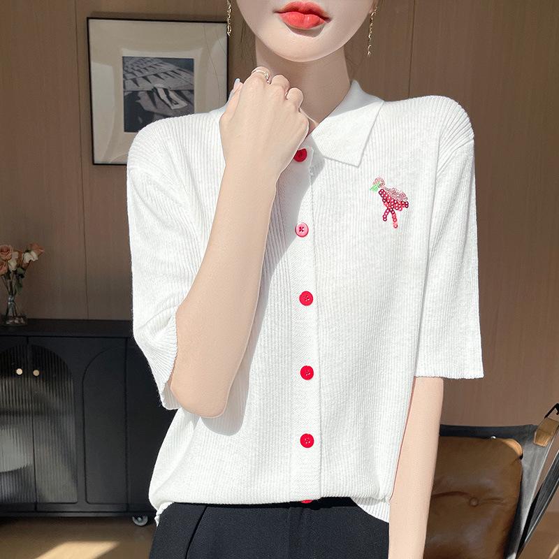 

Женский приталенный кардиган с коротким рукавом для миниатюрных - Тонкий трикотаж с воротником поло, Летний темперамент, Тонкая вязка, Однотонный топ Extra Large белый