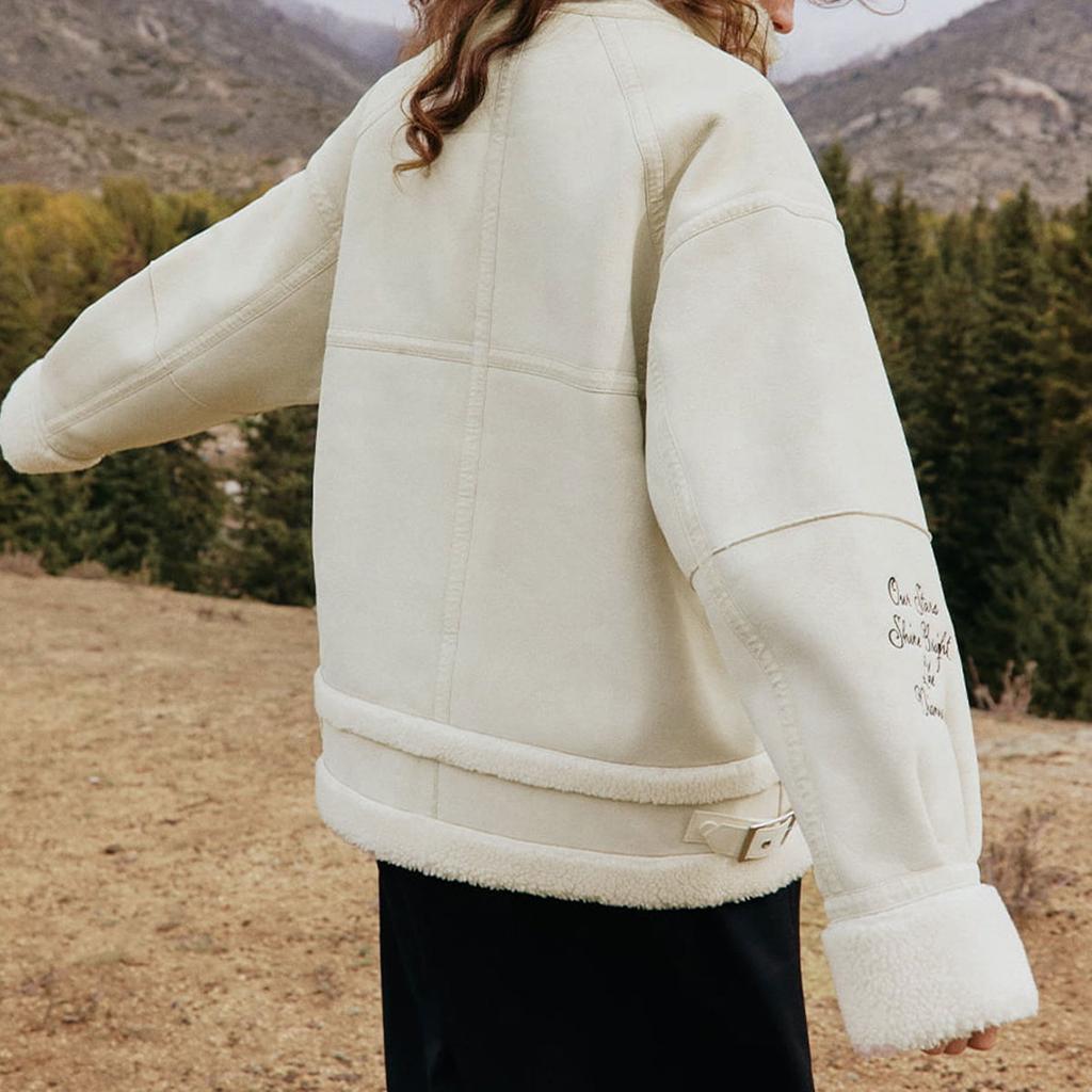 Fila Fusion Embroidered Logo Print Loose Lamb Fleece Jacket Women Jackets Mica-Beige T11W342913F-BQ