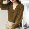 Camicia a maniche lunghe da donna primavera e autunno design francese con scollo a V top temperamento camicia in chiffon ampia
